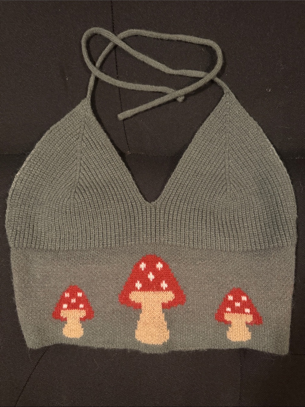 Dark Green Knit Mushroom Halter Crop Top